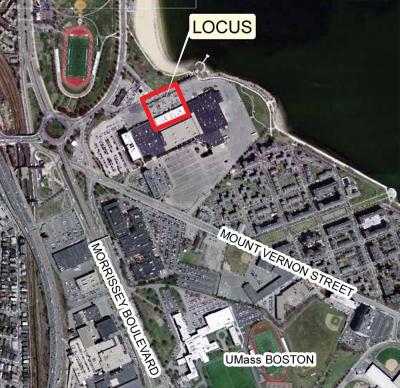 An aerial view of the Columbia Point area shows the property owned by the Boston Teachers Union in a red box. 	Image courtesy BTU/Tetra Tech, Inc.